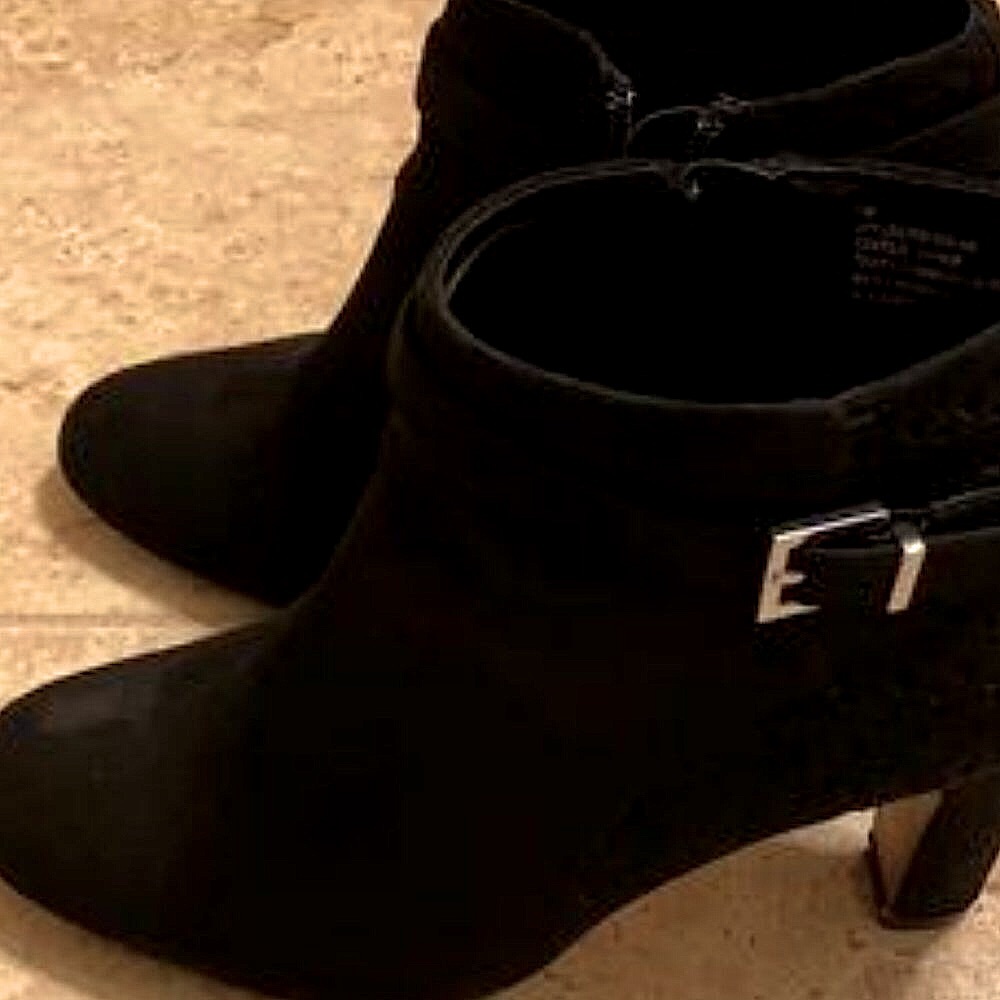 Black Mini Boots, 3 inch heel, Silver Buckle Accent Size 7